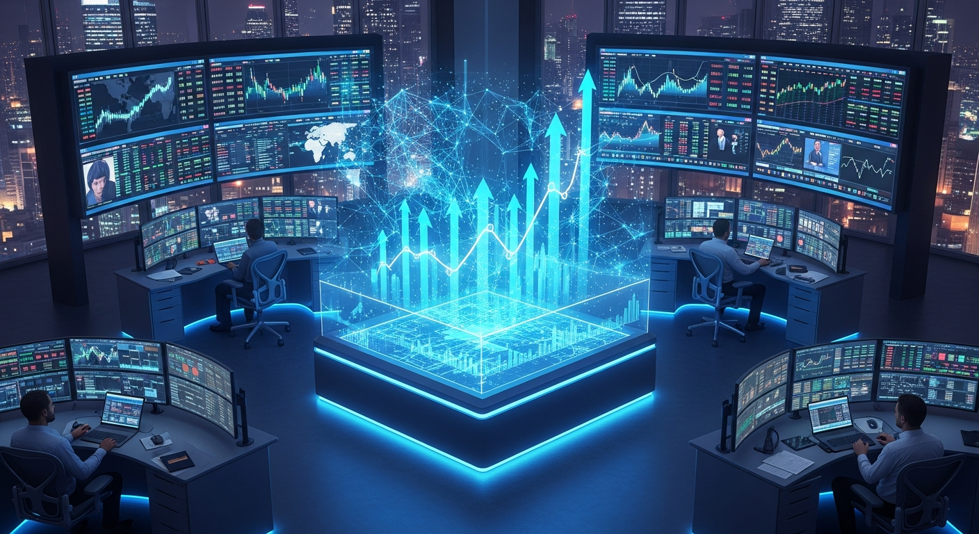 Centro de controle financeiro moderno com display holográfico central exibindo dados abstratos e tendências.