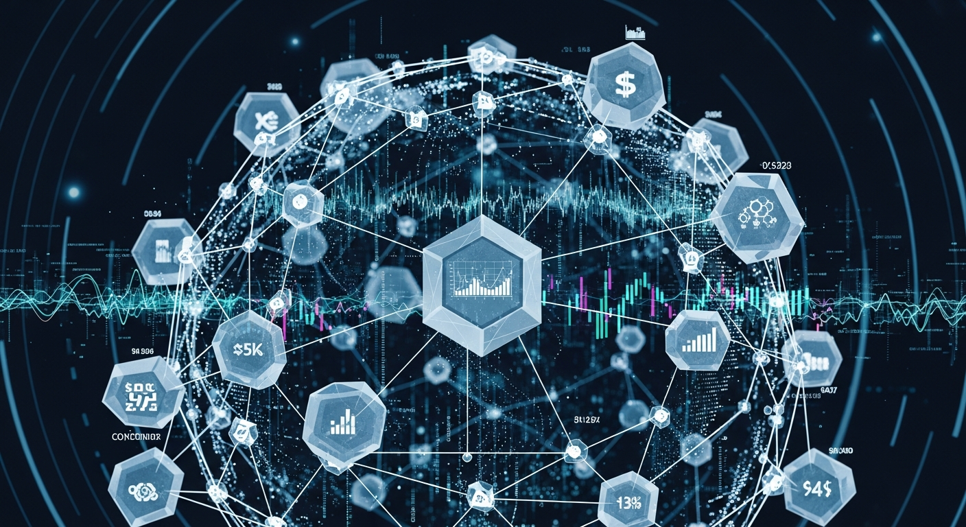 Rede financeira global abstrata com fluxos de dados brilhantes e nós geométricos interconectados.