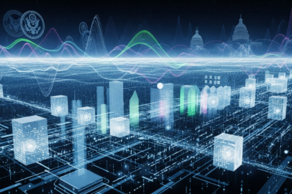 Paisagem digital abstrata e moderna com blocos translúcidos e fluxos de dados representando cripto e finanças dos EUA.