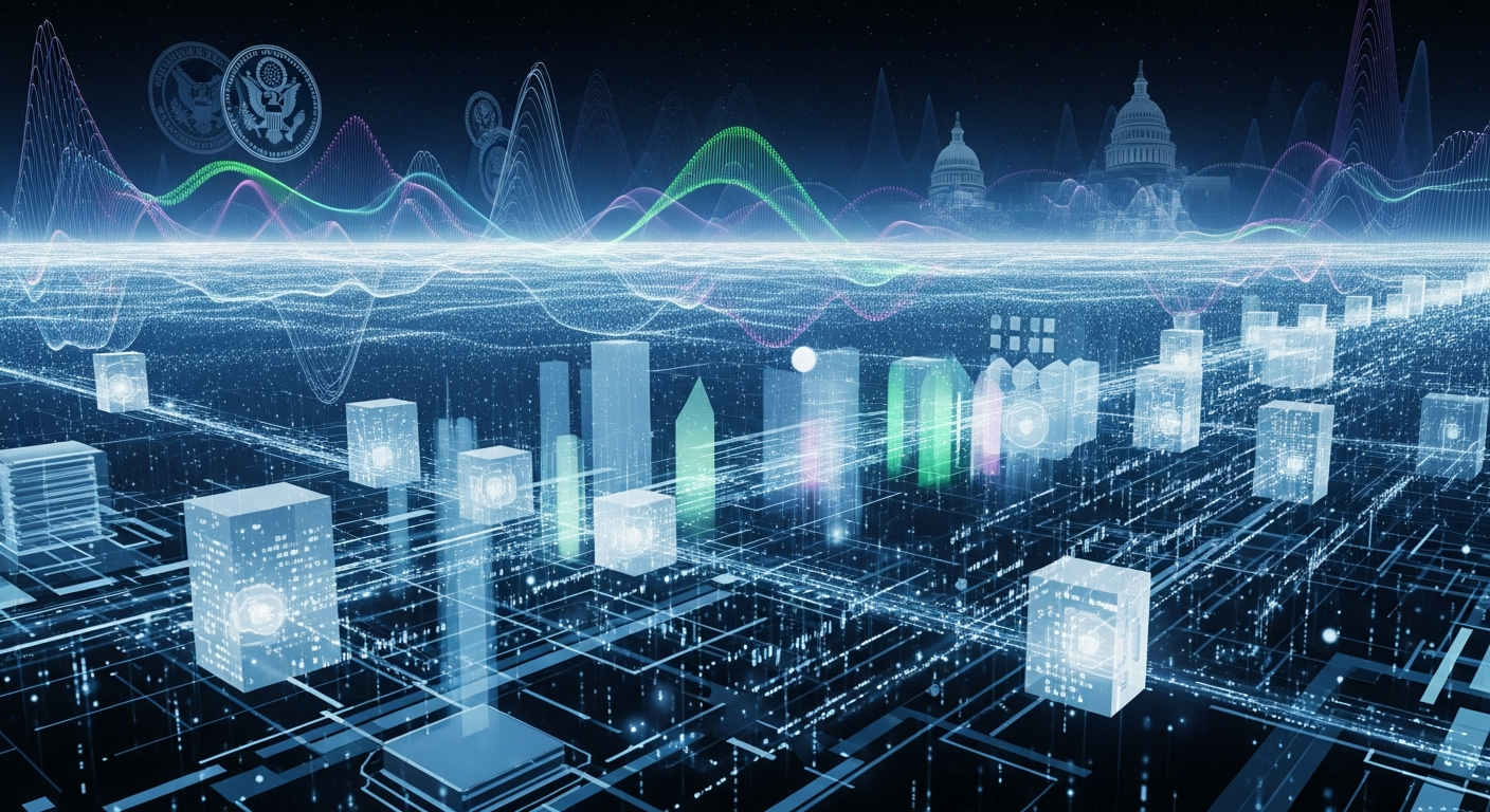 Paisagem digital abstrata e moderna com blocos translúcidos e fluxos de dados representando cripto e finanças dos EUA.