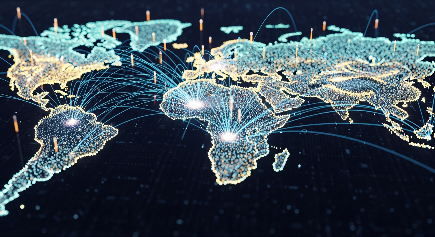 Mapa digital global reconfigurável com linhas de luz brilhantes conectando regiões, representando mineração Bitcoin.