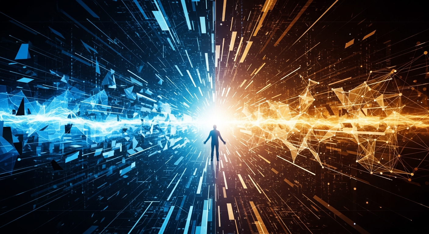 Metáfora de encruzilhada digital com fluxos de dados azuis elétricos e padrões geométricos abstratos.