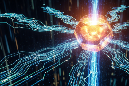 Ilustração digital de um núcleo abstrato, multifacetado e brilhante, emitindo energia vibrante.