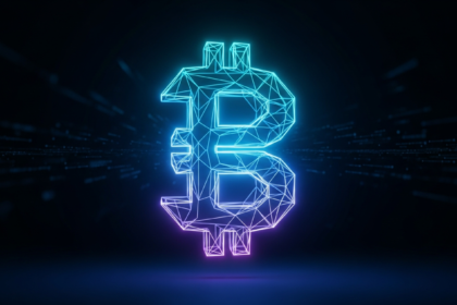 Arte digital moderna: Construto geométrico estilizado e brilhante, lembrando um símbolo de moeda digital