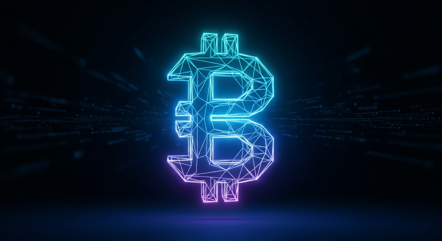 Arte digital moderna: Construto geométrico estilizado e brilhante, lembrando um símbolo de moeda digital