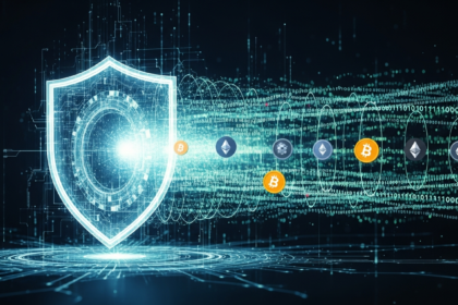Luminous, abstrato escudo digital de linhas intrincadas, simbolizando a custódia segura de criptoativos.