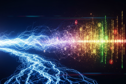 Arte digital moderna com correntes elétricas azuis e roxas transformando energia em valor digital.