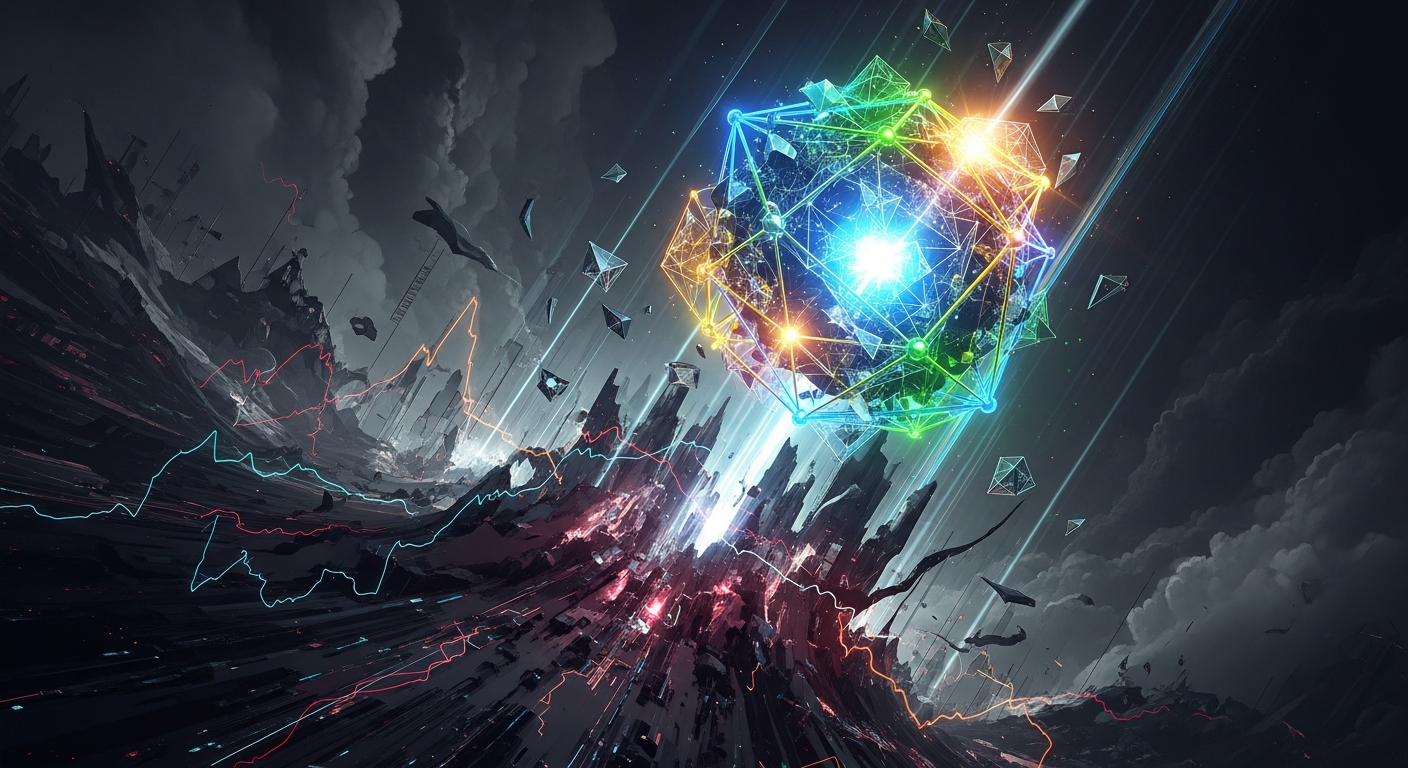Estrutura geométrica brilhante e complexa ascende através de um mercado abstrato escuro e turbulento.