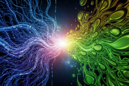 Modern abstract digital landscape: two forces, one of intricate encrypted data, converging.