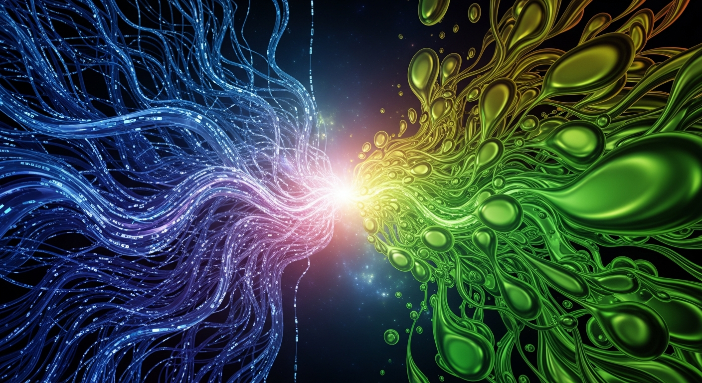 Modern abstract digital landscape: two forces, one of intricate encrypted data, converging.