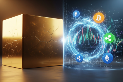 Imagem conceitual: bloco dourado simboliza finanças tradicionais contra a volatilidade da criptomoeda.