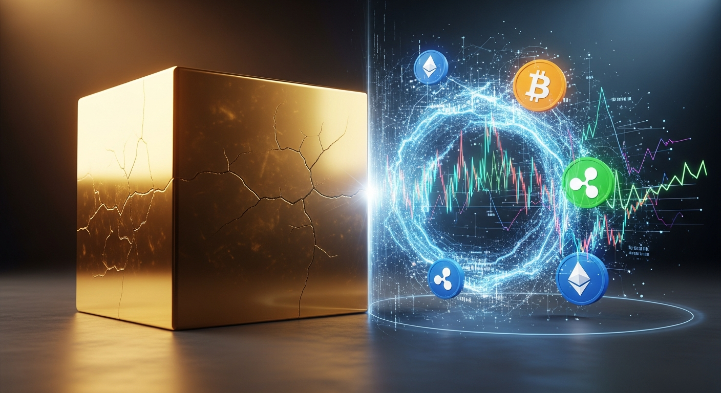 Imagem conceitual: bloco dourado simboliza finanças tradicionais contra a volatilidade da criptomoeda.