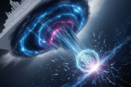 Ativo digital geométrico brilhante em uma tempestade turbulenta de azuis, roxos e cinzas.