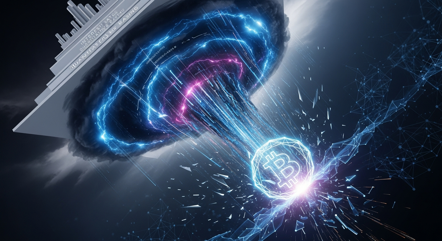 Ativo digital geométrico brilhante em uma tempestade turbulenta de azuis, roxos e cinzas.