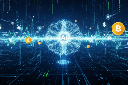 Vibrante ilustração digital: um cérebro de IA brilhante impulsionando transações financeiras autônomas.
