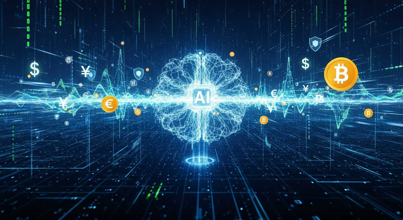 Vibrante ilustração digital: um cérebro de IA brilhante impulsionando transações financeiras autônomas.