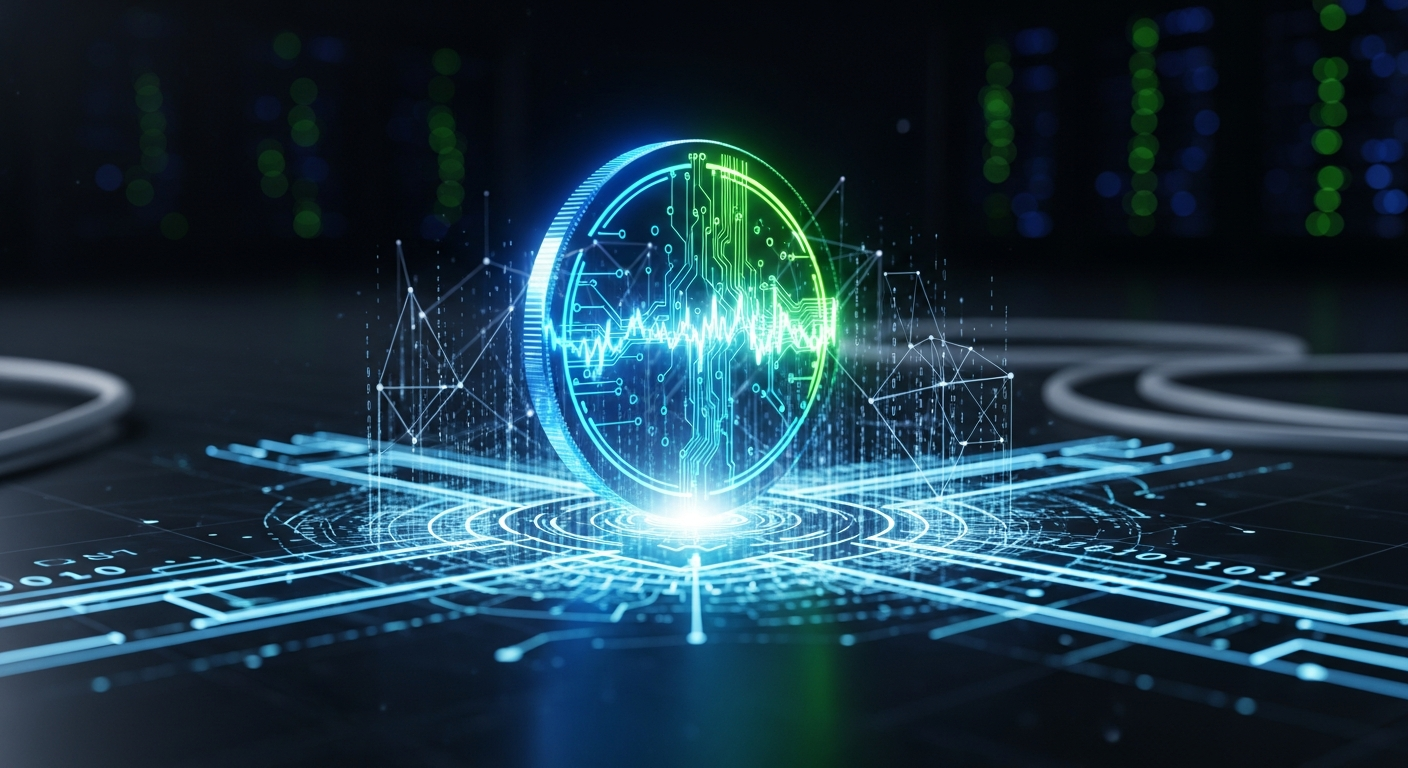 Símbolo de moeda digital abstrata e estilizada, brilhando em uma