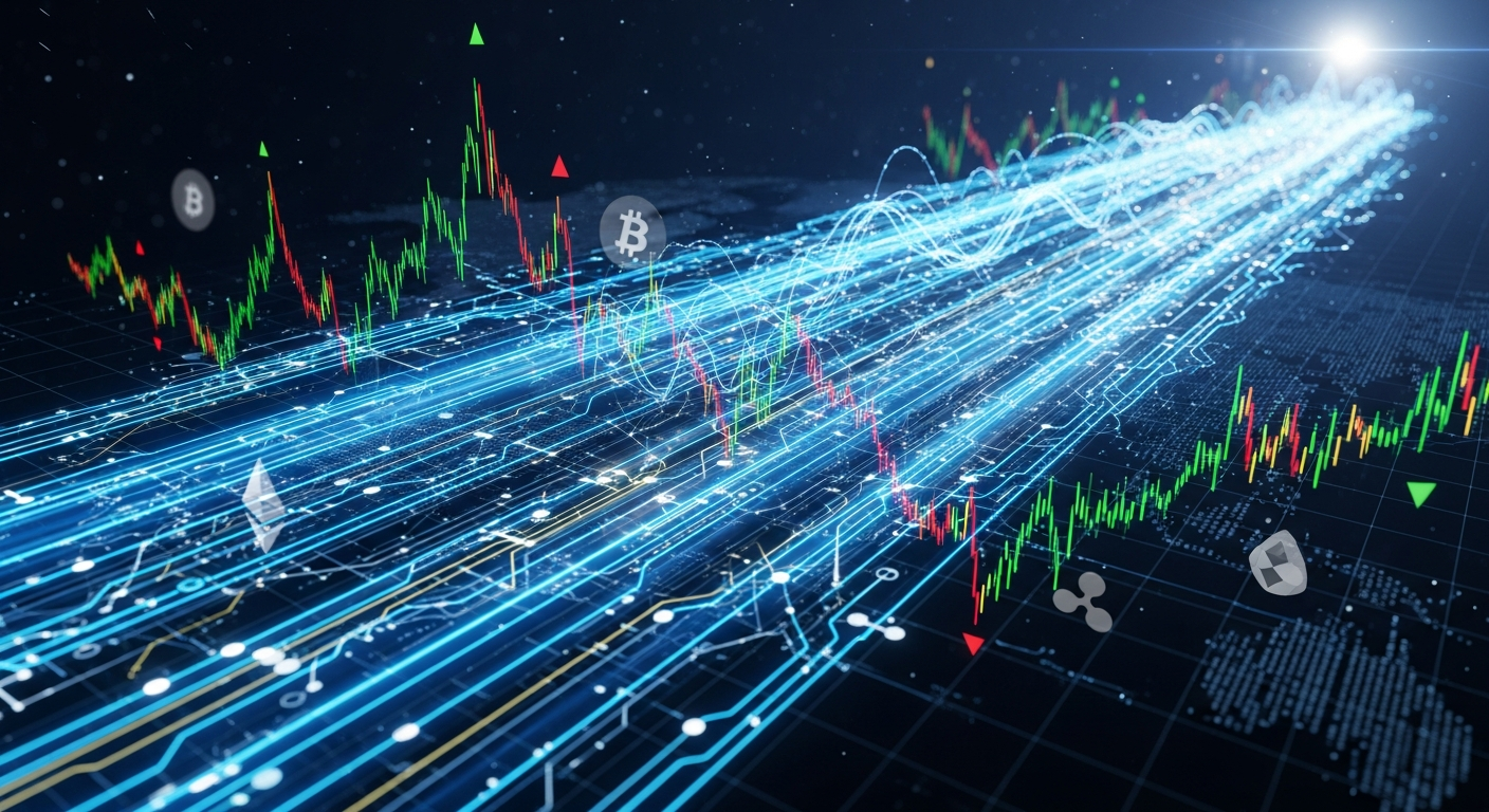 Arte digital abstrata do mercado de criptomoedas com fluxo de dados azul elétrico brilhante.