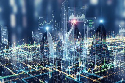 Abstract glowing network lines, nodes, and ascending geometric structures representing future digital finance.