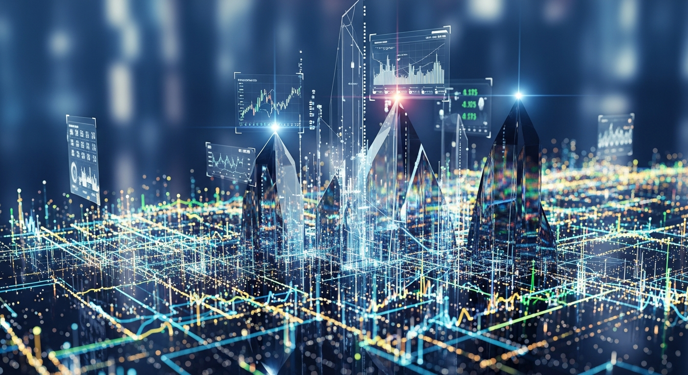 Abstract glowing network lines, nodes, and ascending geometric structures representing future digital finance.
