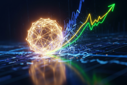 Imagem abstrata moderna com um nexo geométrico brilhante no centro, simbolizando estabilidade.