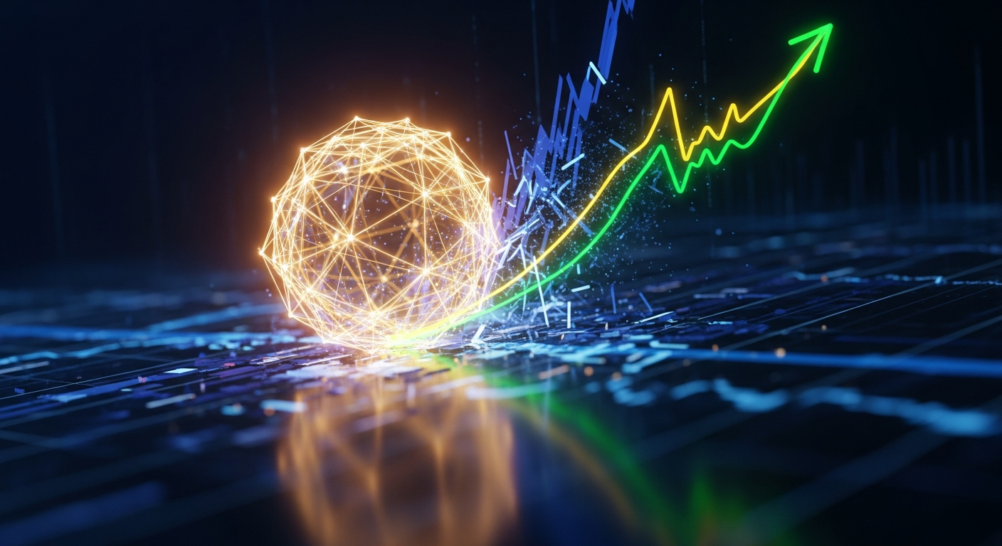 Imagem abstrata moderna com um nexo geométrico brilhante no centro, simbolizando estabilidade.