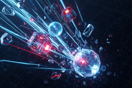 Arte abstrata: ativos digitais geométricos caindo e quebrando, simbolizando queda do mercado cripto.