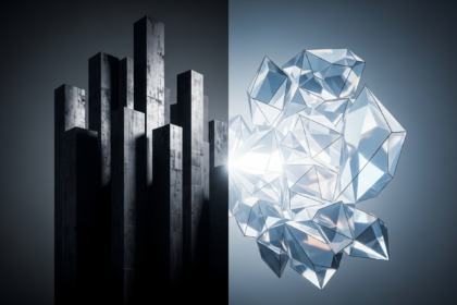 Forte contraste entre duas formas arquitetônicas abstratas distintas, com monólitos escuros.