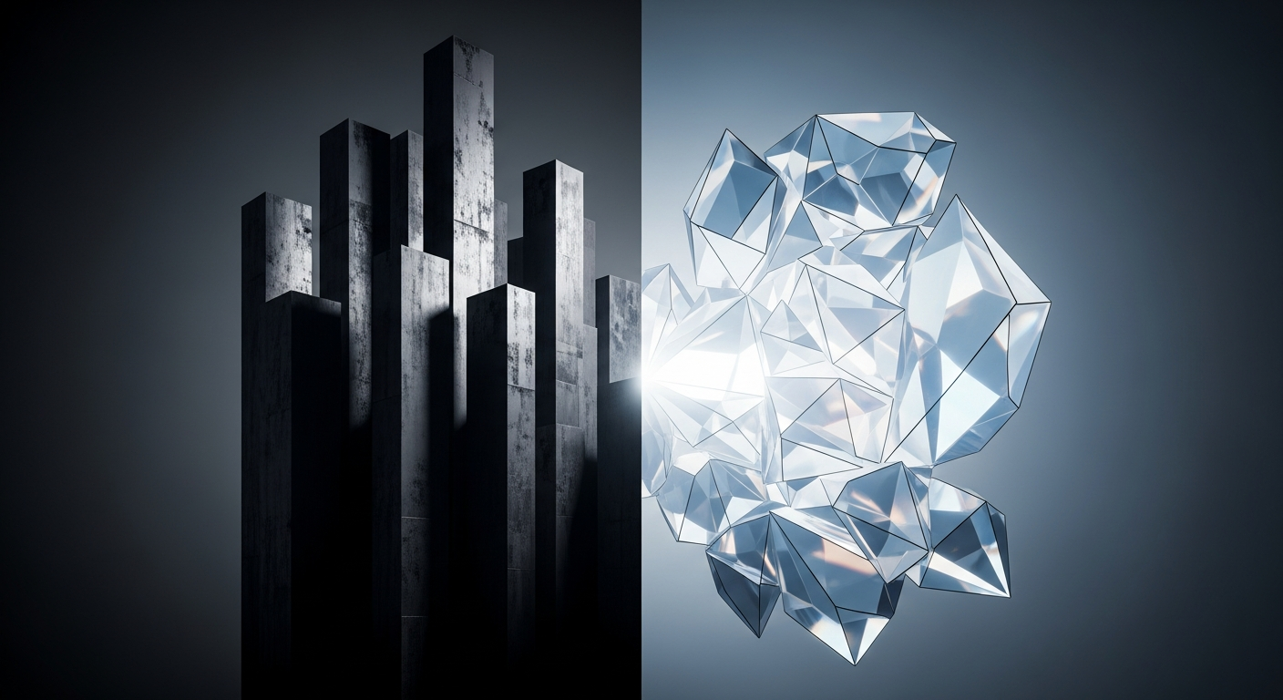 Forte contraste entre duas formas arquitetônicas abstratas distintas, com monólitos escuros.