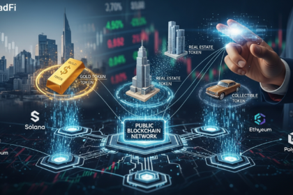 Integração de finanças tradicionais com blockchain, tokenizando ativos reais em uma rede pública.