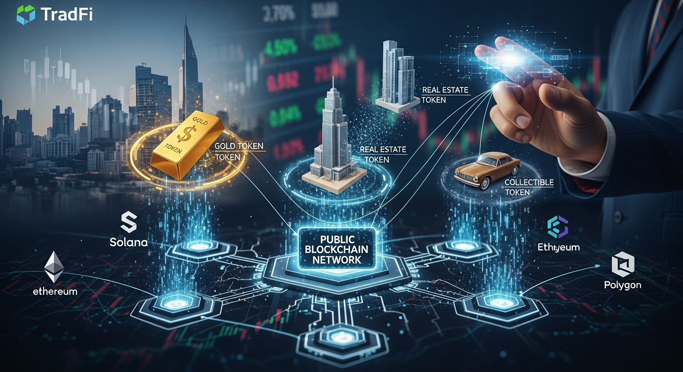 Integração de finanças tradicionais com blockchain, tokenizando ativos reais em uma rede pública.