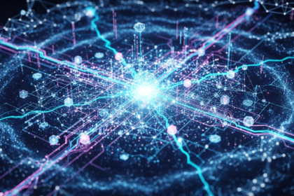 Rede descentralizada futurista abstrata, vasta e interconectada, com uma teia complexa de conexões brilhantes.