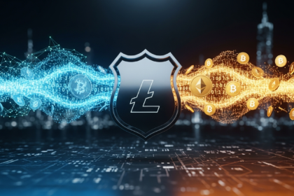 Escudo policial metálico com código de cibersegurança e símbolos de criptomoeda em interface futurista escura.