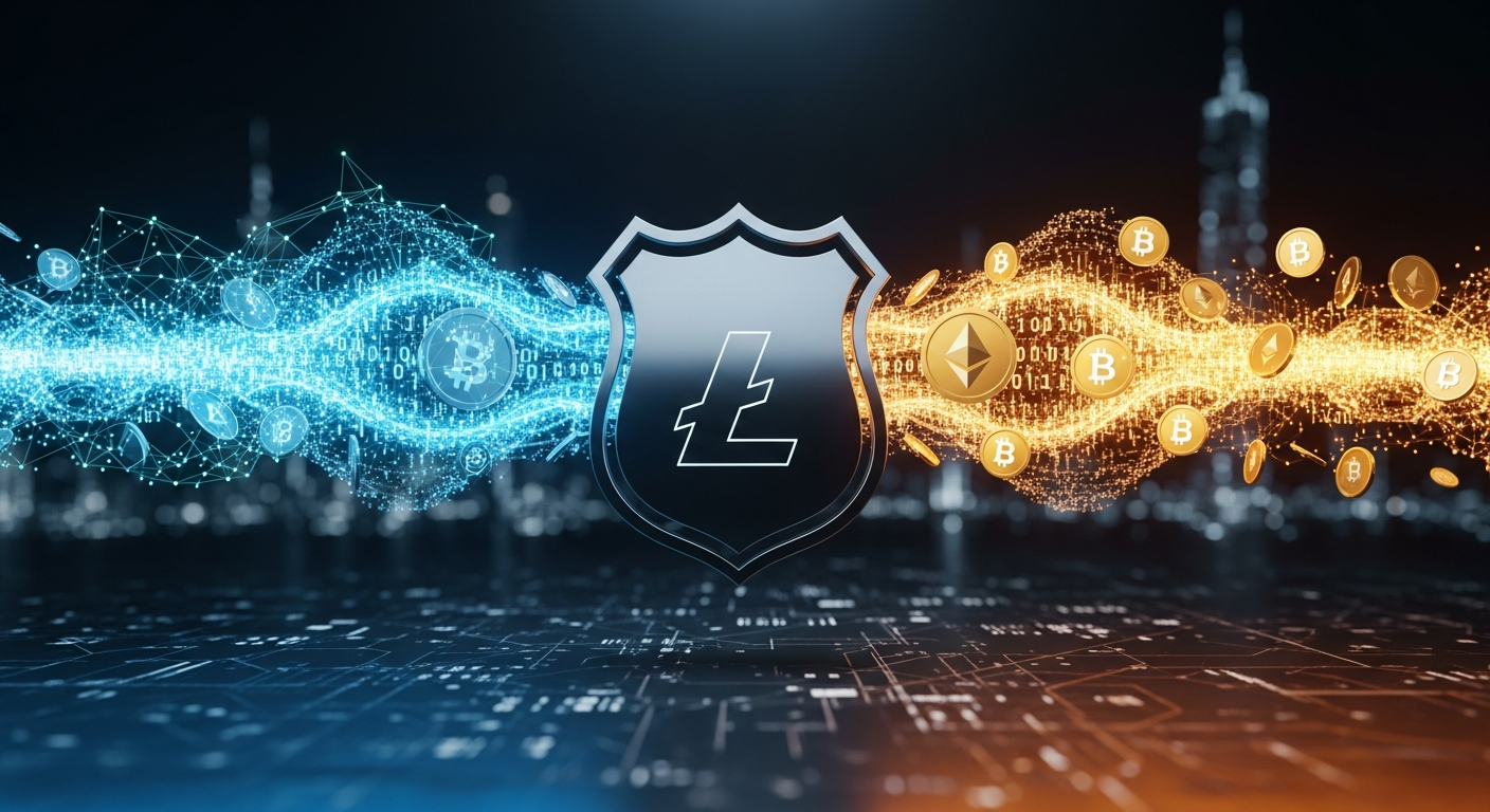 Escudo policial metálico com código de cibersegurança e símbolos de criptomoeda em interface futurista escura.