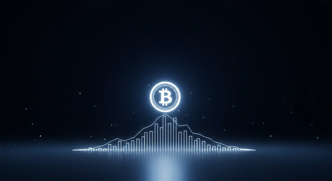 Sleek, glowing, futuristic digital coin, subtly referencing Bitcoin, atop a delicate futuristic structure.