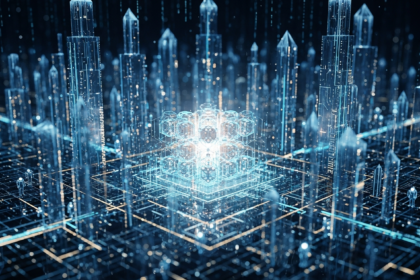 Cidadela digital futurista e abstrata com um aglomerado luminoso de formas geométricas interconectadas.