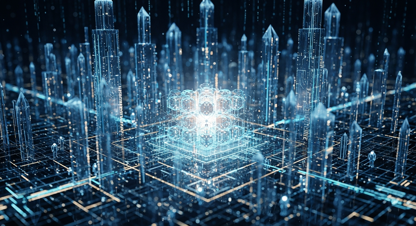 Cidadela digital futurista e abstrata com um aglomerado luminoso de formas geométricas interconectadas.