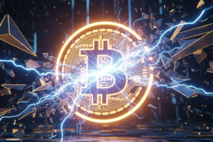 Arte digital moderna com um símbolo Bitcoin abstrato e estilizado, brilhando em laranja-dourado.