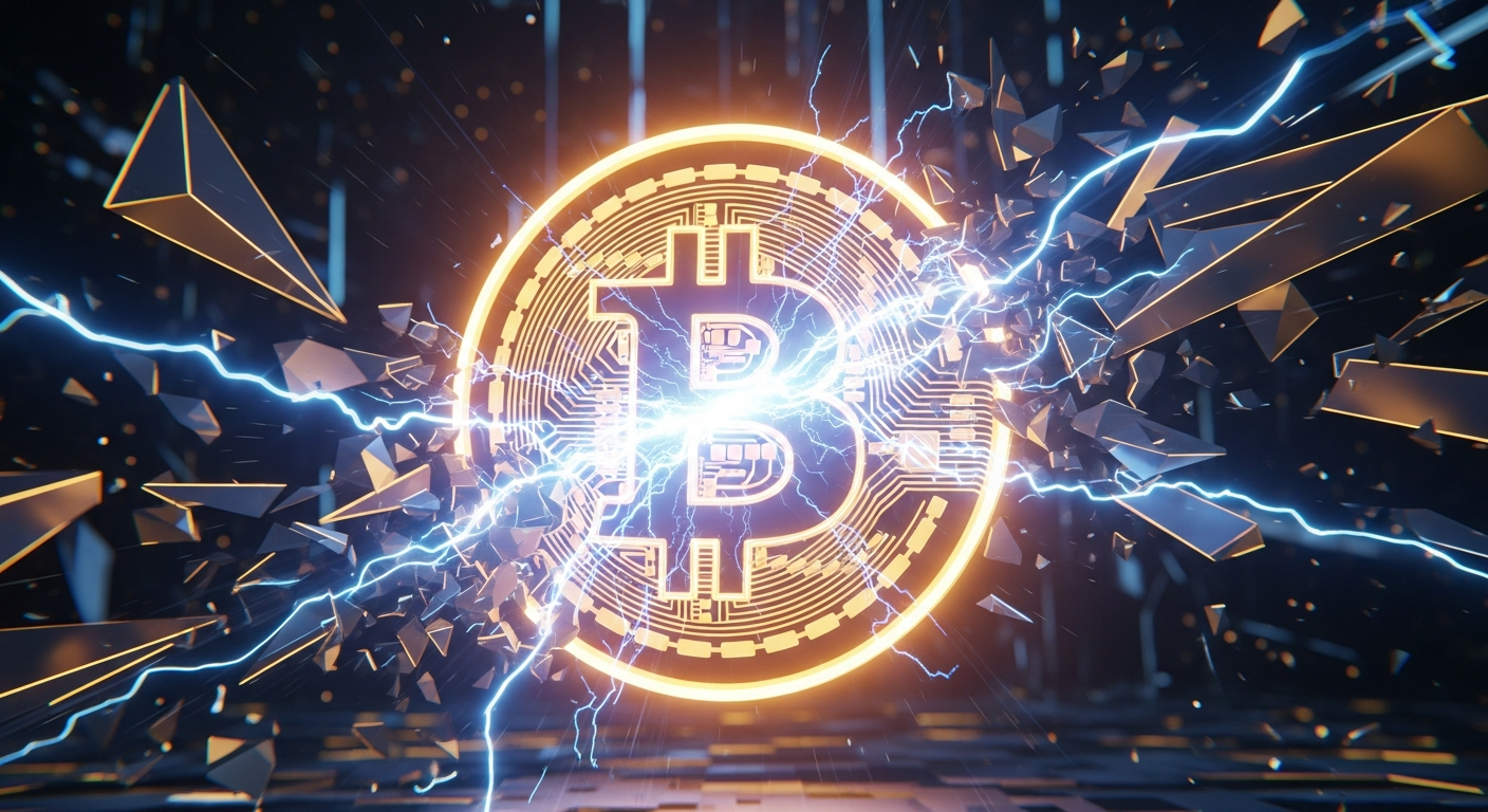 Arte digital moderna com um símbolo Bitcoin abstrato e estilizado, brilhando em laranja-dourado.