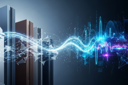 Arte abstrata moderna representando integração financeira com arquitetura minimalista de bancos tradicionais.