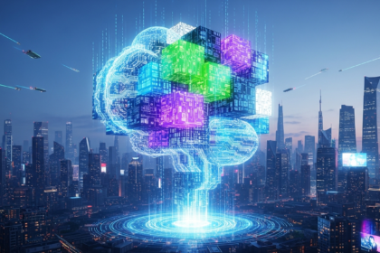 Colossal, abstrato monumento digital feito de blocos geométricos cintilantes de dados.