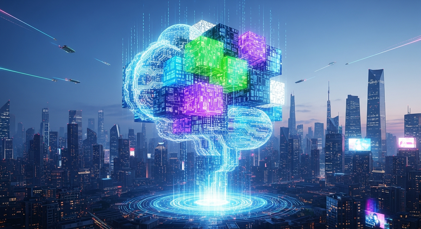 Colossal, abstrato monumento digital feito de blocos geométricos cintilantes de dados.