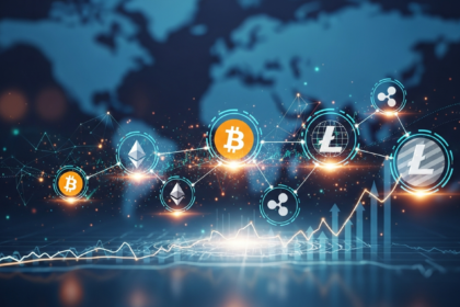 Abstract, professional network of glowing lines and data streams depicting the evolving cryptocurrency market.