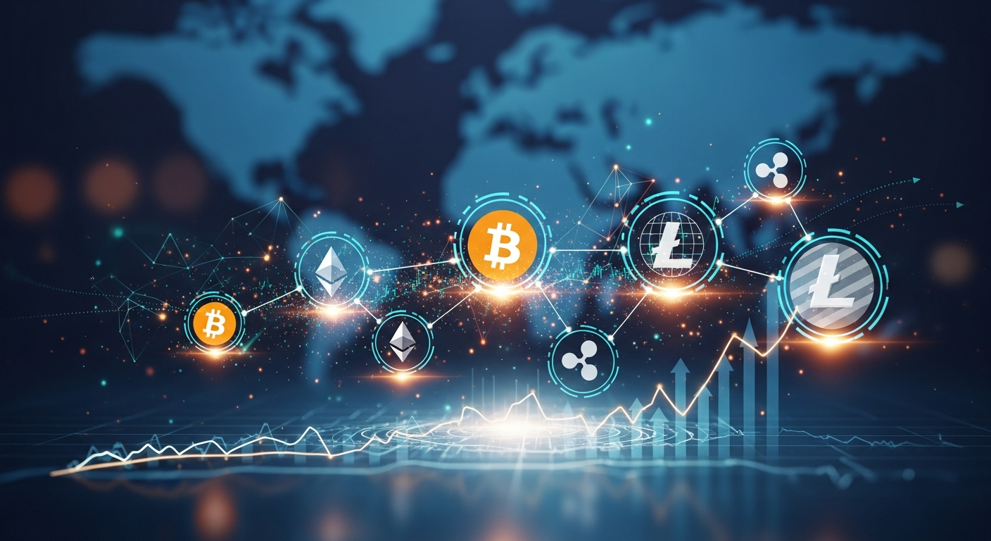 Abstract, professional network of glowing lines and data streams depicting the evolving cryptocurrency market.