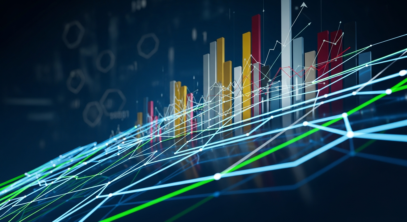 Imagem abstrata moderna com fluxos de dados digitais, tendências financeiras e linhas geométricas brilhantes.