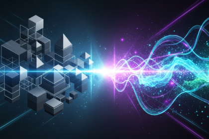 Imagem de cabeçalho abstrata moderna com estruturas geométricas elegantes integrando dois reinos digitais.