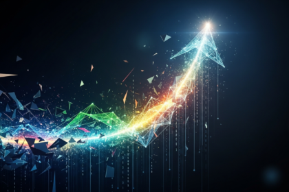 Imagem abstrata e profissional: caminho de luz digital dinâmico e ascendente de dados interconectados.