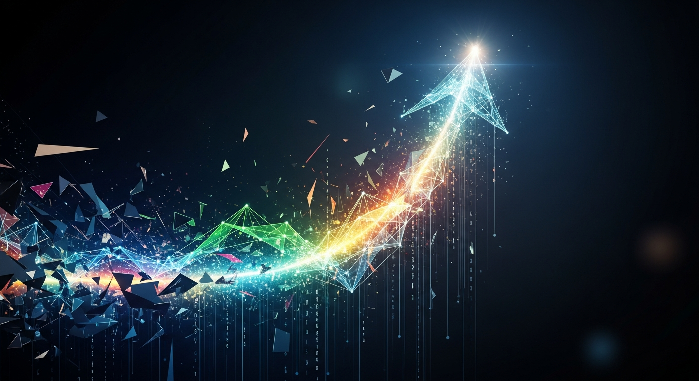 Imagem abstrata e profissional: caminho de luz digital dinâmico e ascendente de dados interconectados.