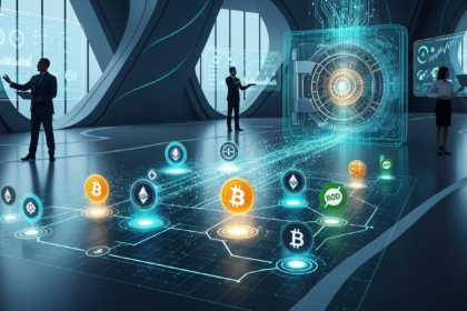 Ambiente corporativo moderno e tecnológico integrando ativos digitais em tesourarias corporativas.