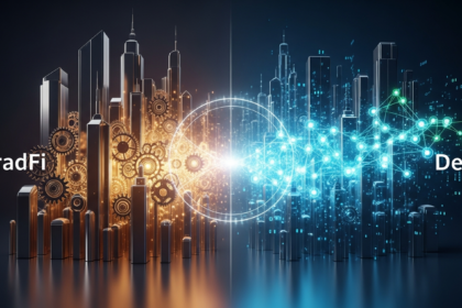 Metáfora visual abstrata: integração perfeita de TradFi e DeFi, com TradFi como metal polido.